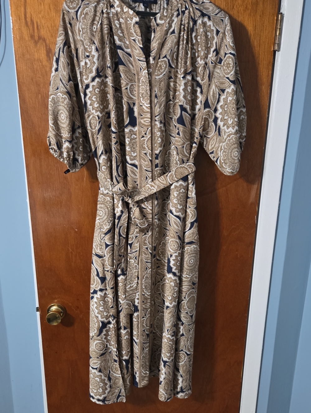 Tommy Hilfiger Beige and Navy Paisley Midi Dress with Tie Belt